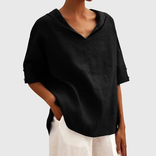 Effortless Black Linen Blouse for Women with V Neck Short Sleeve Oversized Casual Style