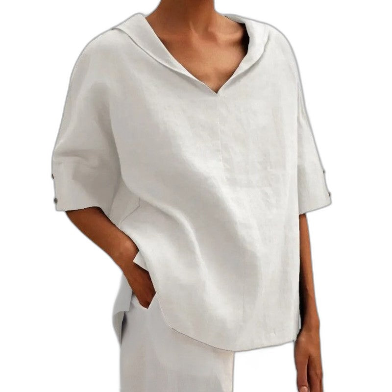 Effortless Black Linen Blouse for Women with V Neck Short Sleeve Oversized Casual Style