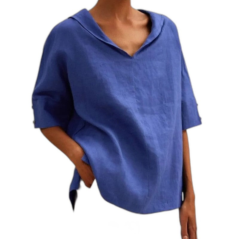 Effortless Black Linen Blouse for Women with V Neck Short Sleeve Oversized Casual Style
