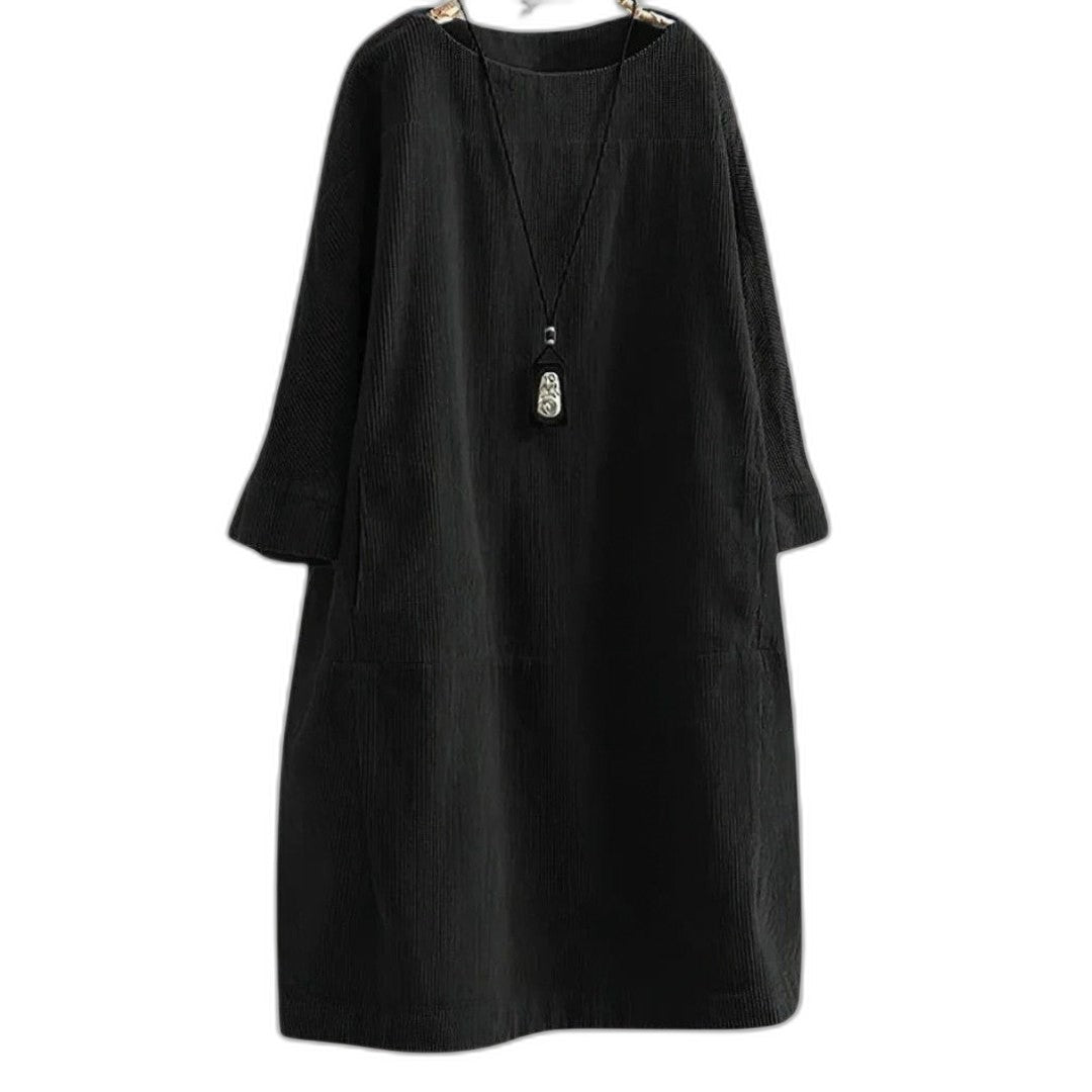 Effortless Black Linen Midi Dress for Women with Crew Neck Long Sleeve Flowing Oversized Casual Style