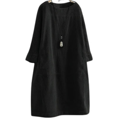 Effortless Black Linen Midi Dress for Women with Crew Neck Long Sleeve Flowing Oversized Casual Style