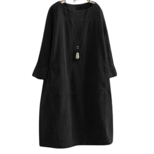 Effortless Black Linen Midi Dress for Women with Crew Neck Long Sleeve Flowing Oversized Casual Style