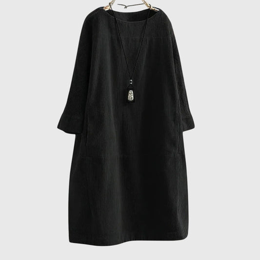 Effortless Black Linen Midi Dress for Women with Crew Neck Long Sleeve Flowing Oversized Casual Style