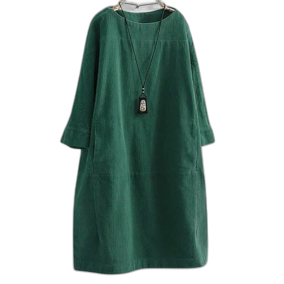 Effortless Black Linen Midi Dress for Women with Crew Neck Long Sleeve Flowing Oversized Casual Style
