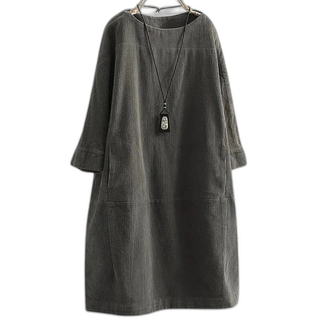 Effortless Black Linen Midi Dress for Women with Crew Neck Long Sleeve Flowing Oversized Casual Style