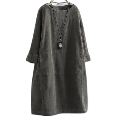Effortless Black Linen Midi Dress for Women with Crew Neck Long Sleeve Flowing Oversized Casual Style