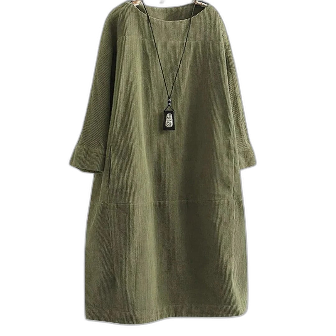 Effortless Black Linen Midi Dress for Women with Crew Neck Long Sleeve Flowing Oversized Casual Style