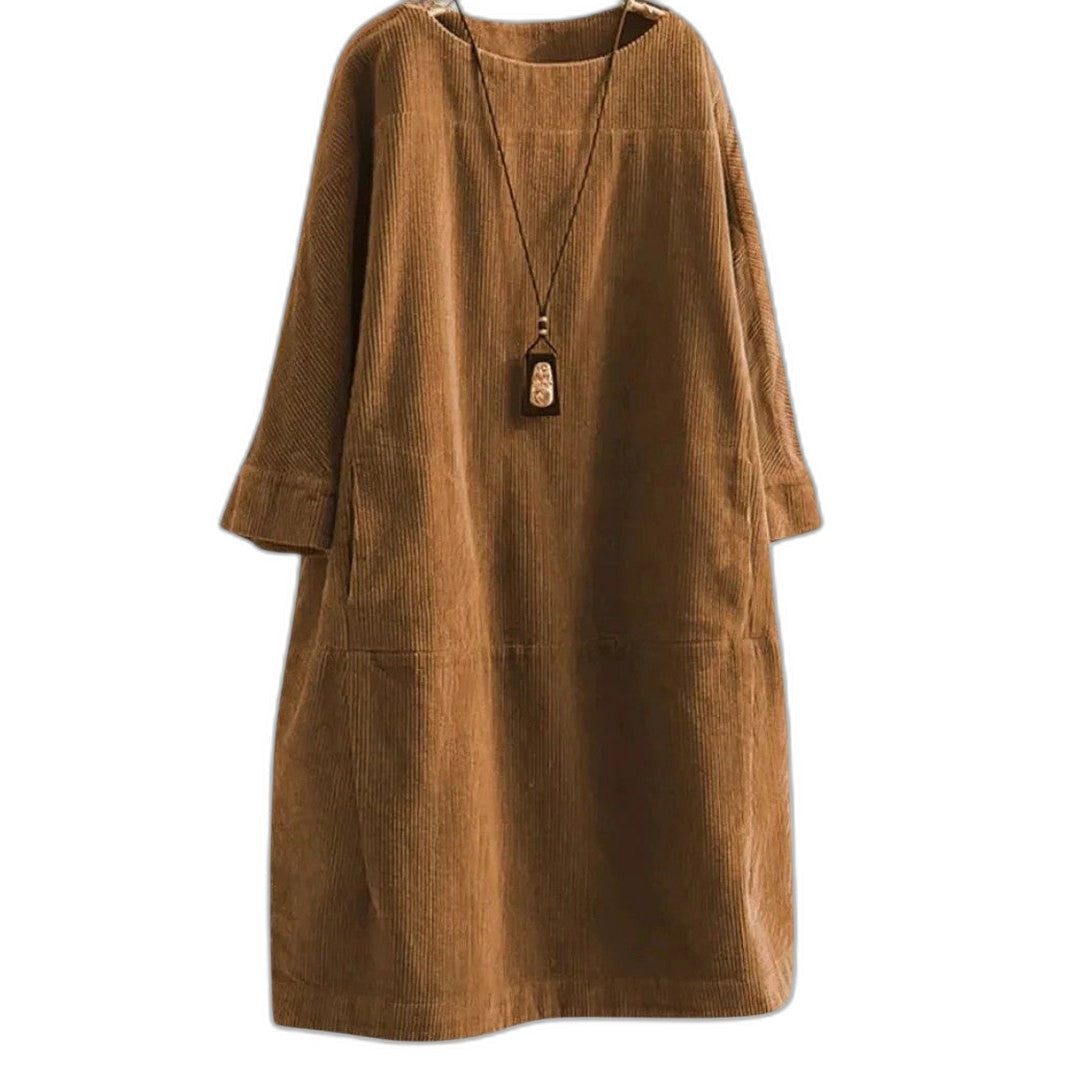 Effortless Black Linen Midi Dress for Women with Crew Neck Long Sleeve Flowing Oversized Casual Style