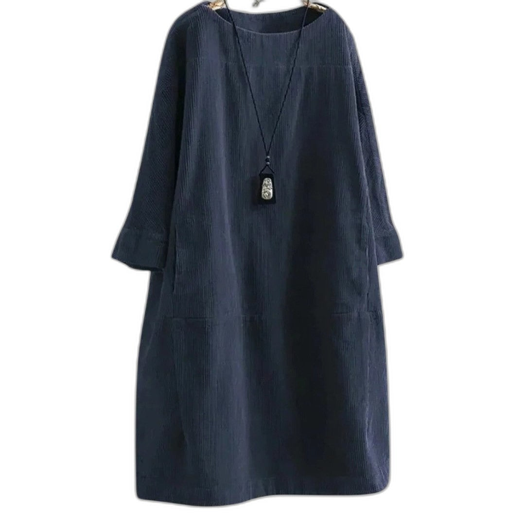 Effortless Black Linen Midi Dress for Women with Crew Neck Long Sleeve Flowing Oversized Casual Style