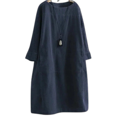 Effortless Black Linen Midi Dress for Women with Crew Neck Long Sleeve Flowing Oversized Casual Style