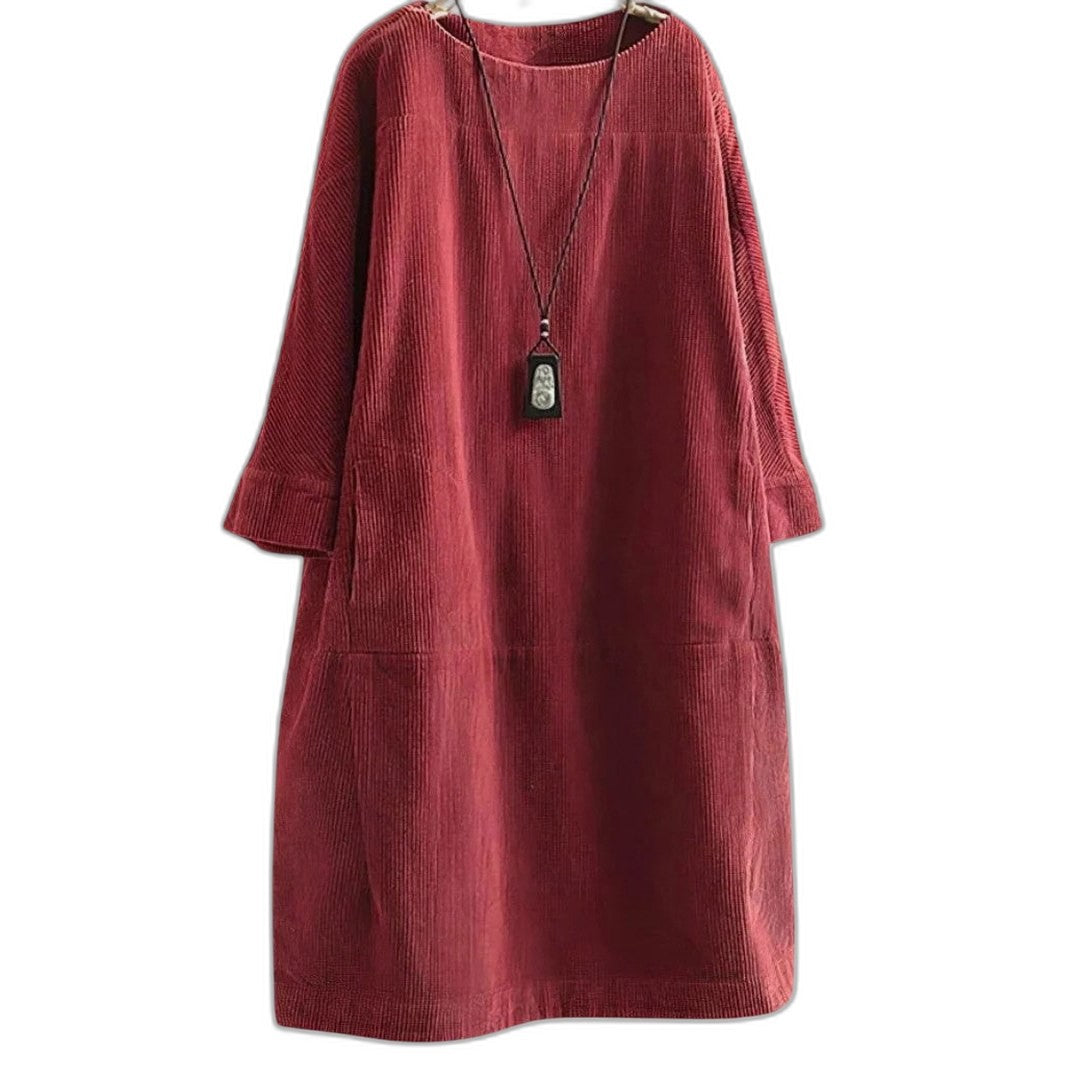 Effortless Black Linen Midi Dress for Women with Crew Neck Long Sleeve Flowing Oversized Casual Style
