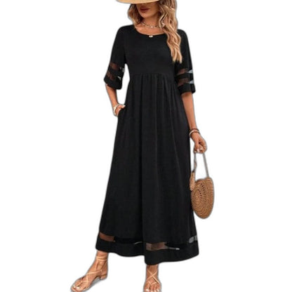 Effortless Black Maxi Dress for Women with Crew Neck Elbow Sleeve A Line Flowing Casual Style