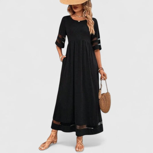 Effortless Black Maxi Dress for Women with Crew Neck Elbow Sleeve A Line Flowing Casual Style