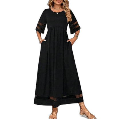 Effortless Black Maxi Dress for Women with Crew Neck Elbow Sleeve A Line Flowing Casual Style