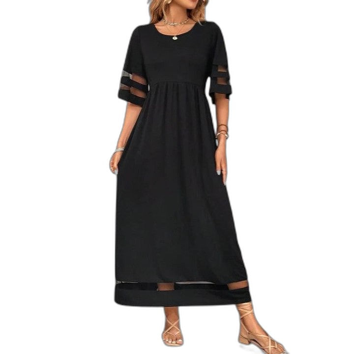 Effortless Black Maxi Dress for Women with Crew Neck Elbow Sleeve A Line Flowing Casual Style