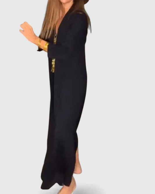 Effortless Black Maxi Dress for Women with Crew Neck Long Sleeve Flowing Casual Style