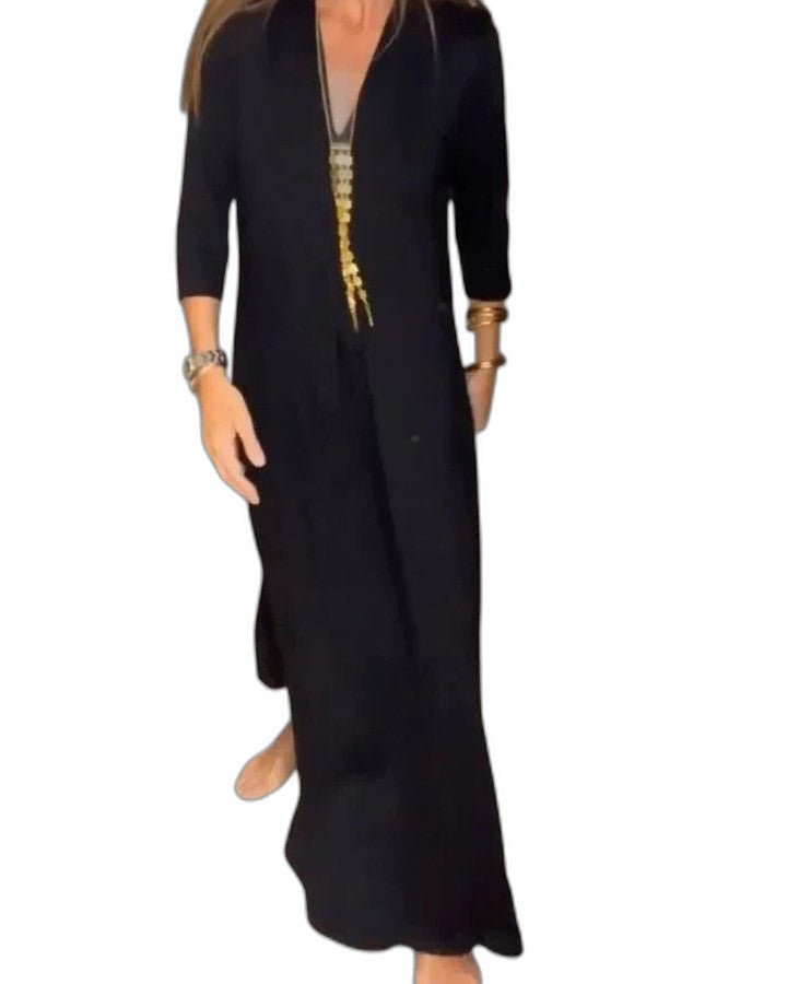 Effortless Black Maxi Dress for Women with Crew Neck Long Sleeve Flowing Casual Style
