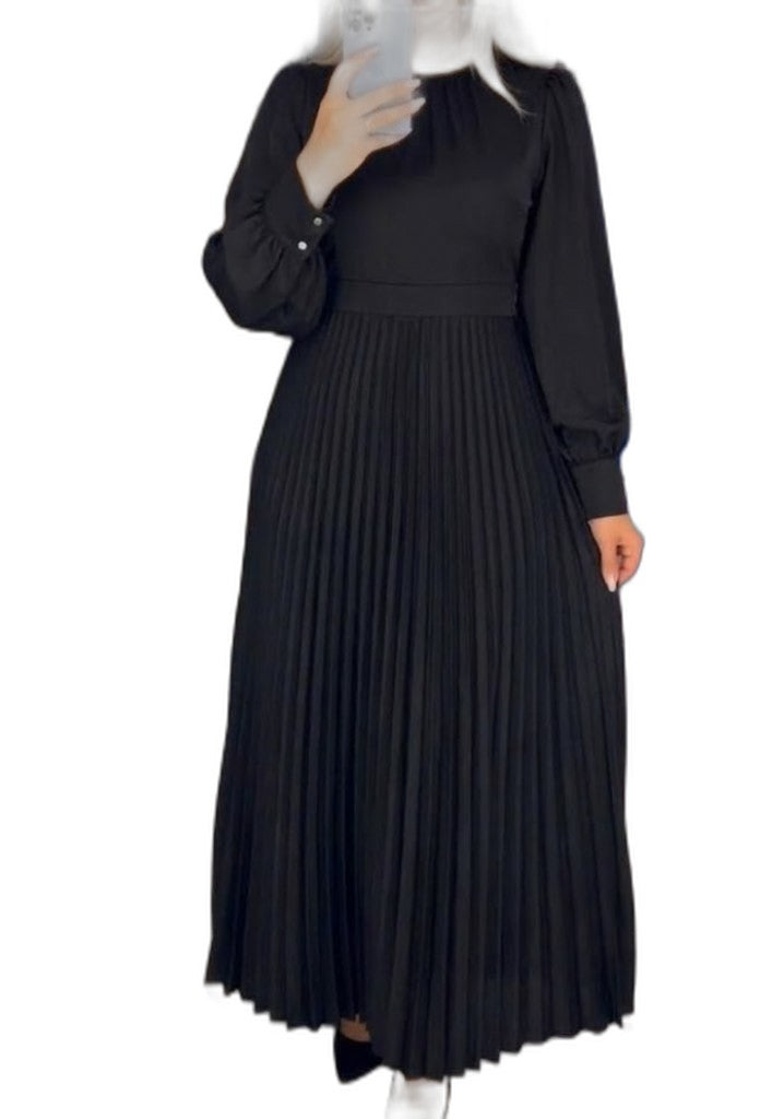 Effortless Black Maxi Dress for Women with High Neck Long Sleeve Pleated Casual Style