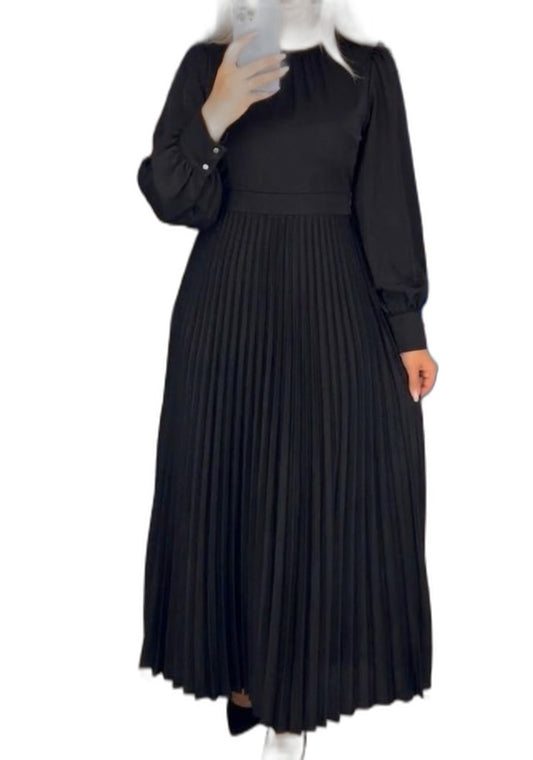 Effortless Black Maxi Dress for Women with High Neck Long Sleeve Pleated Casual Style