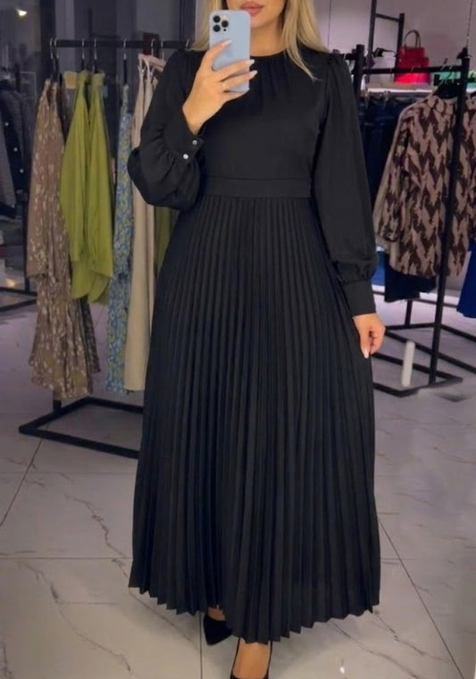 Effortless Black Maxi Dress for Women with High Neck Long Sleeve Pleated Casual Style