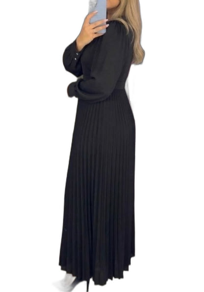 Effortless Black Maxi Dress for Women with High Neck Long Sleeve Pleated Casual Style