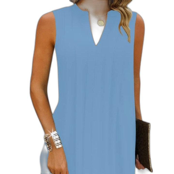 Effortless Black Midi Dress for Women with V Neck Sleeveless A Line Flowing Pockets Casual Style