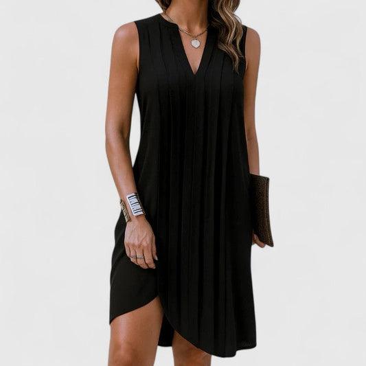 Effortless Black Midi Dress for Women with V Neck Sleeveless A Line Flowing Pockets Casual Style