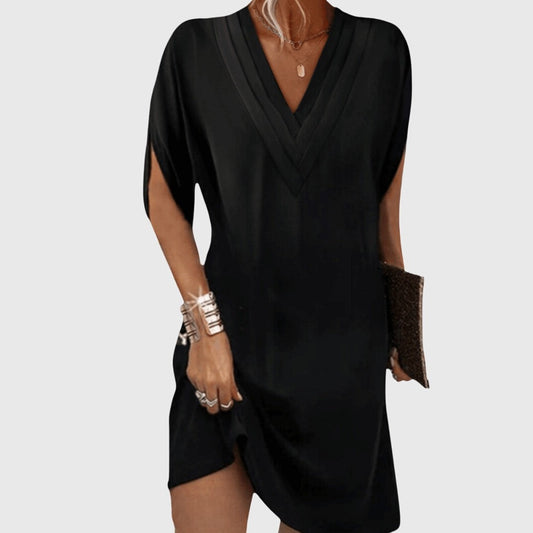 Effortless Black Mini Dress for Women with V Neck Short Sleeve Flowing Casual Style