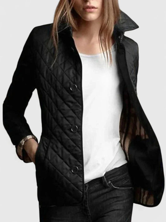 Effortless Black Puffer Jacket for Women with Collared Long Sleeve Pockets Quilted Casual Style