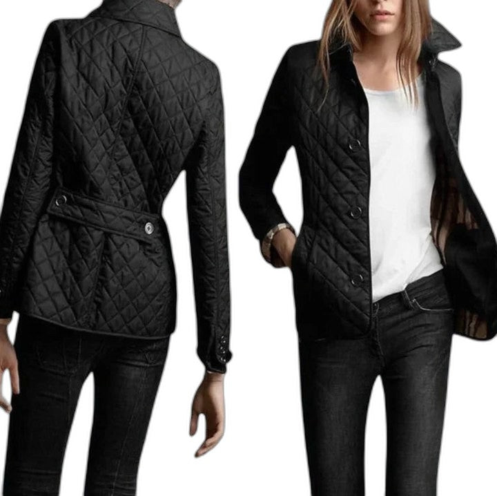 Effortless Black Puffer Jacket for Women with Collared Long Sleeve Pockets Quilted Casual Style