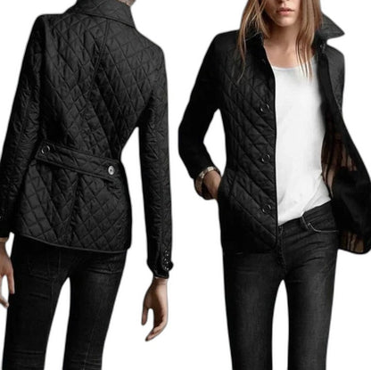 Effortless Black Puffer Jacket for Women with Collared Long Sleeve Pockets Quilted Casual Style
