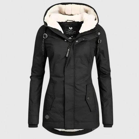 Effortless Black Puffer Jacket for Women with Collared Long Sleeve Pockets Waterproof Fur Lined Casual Style