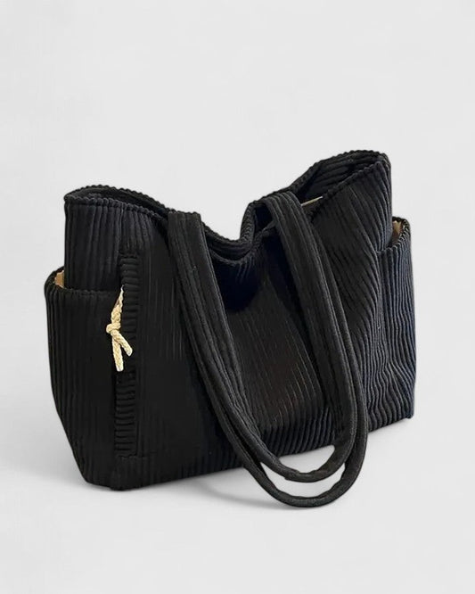 Effortless Black Ribbed Tote Bag for Women with Casual Style