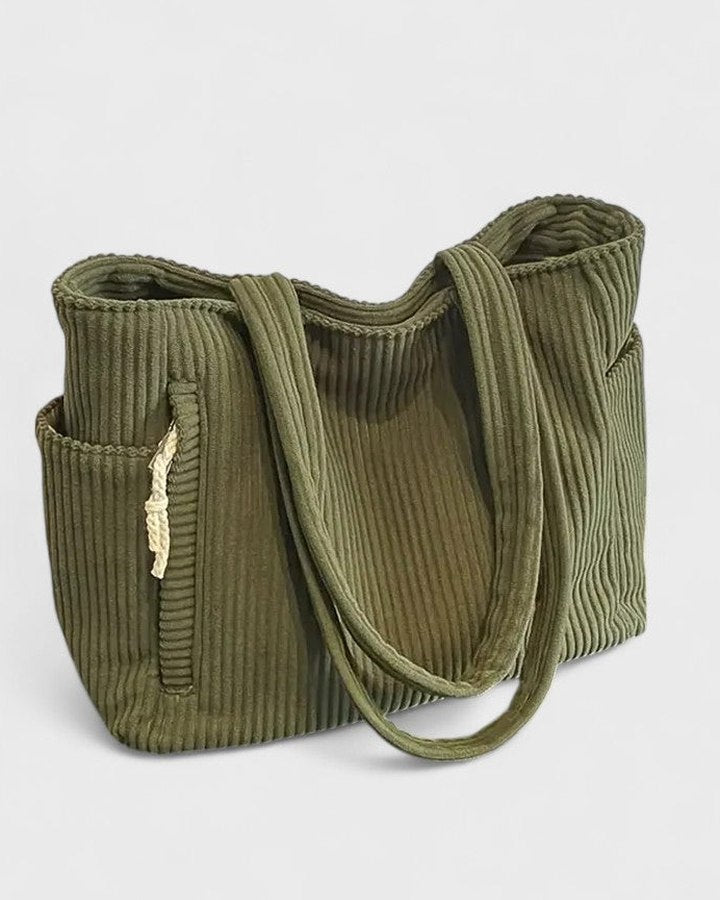 Effortless Black Ribbed Tote Bag for Women with Pockets Casual Style