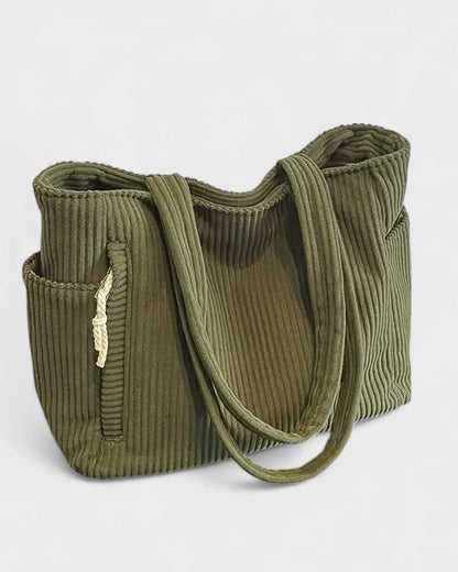 Effortless Black Ribbed Tote Bag for Women with Pockets Casual Style
