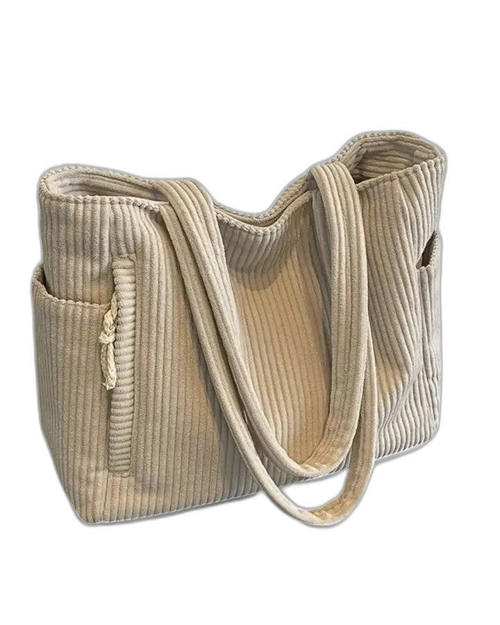 Effortless Black Ribbed Tote Bag for Women with Pockets Casual Style