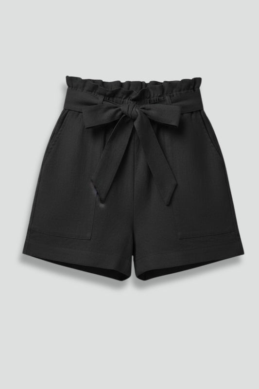 Effortless Black Shorts for Women with Belted Tie Waist High Waisted Pockets Casual Style