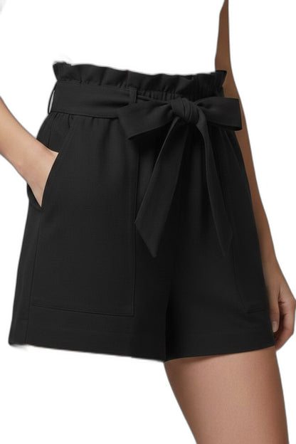 Effortless Black Shorts for Women with Belted Tie Waist High Waisted Pockets Casual Style