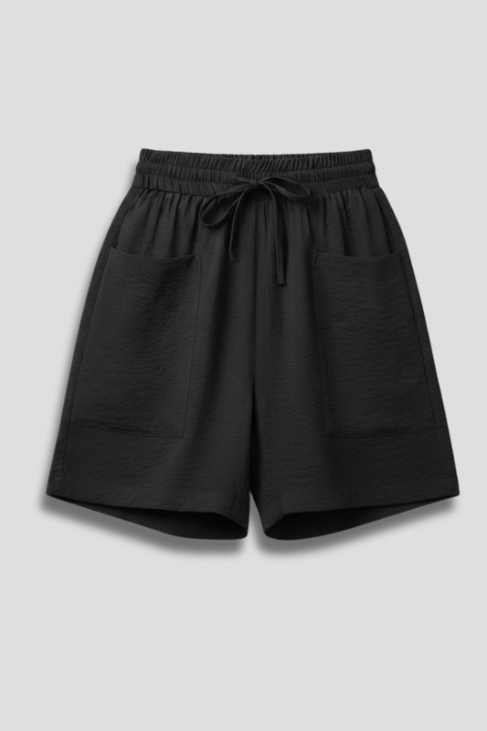 Effortless Black Shorts for Women with High Waisted Drawstring Pockets Casual Style