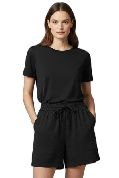Effortless Black Shorts for Women with High Waisted Drawstring Pockets Casual Style
