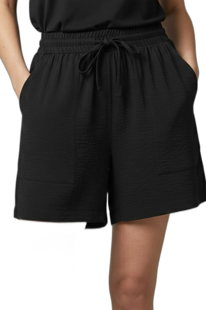 Effortless Black Shorts for Women with High Waisted Drawstring Pockets Casual Style