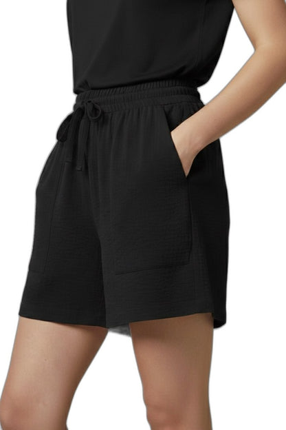 Effortless Black Shorts for Women with High Waisted Drawstring Pockets Casual Style