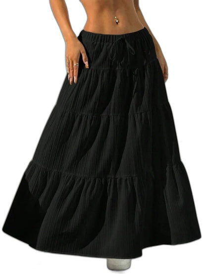 Effortless Black Skirt for Women with Tiered High Waisted Casual Style