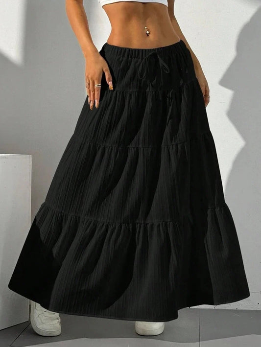 Effortless Black Skirt for Women with Tiered High Waisted Casual Style