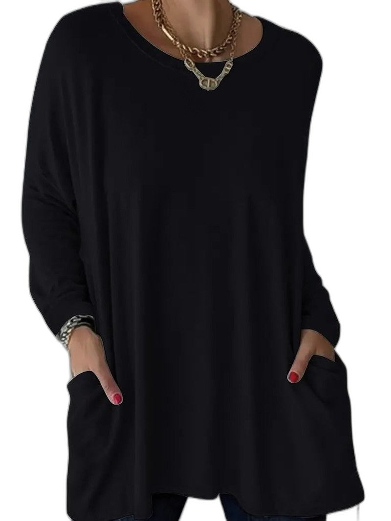 Effortless Black Tunic for Women with Crew Neck Long Sleeve Flowing Oversized Pockets Casual Style