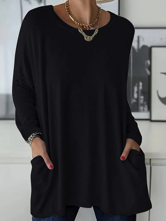 Effortless Black Tunic for Women with Crew Neck Long Sleeve Flowing Oversized Pockets Casual Style