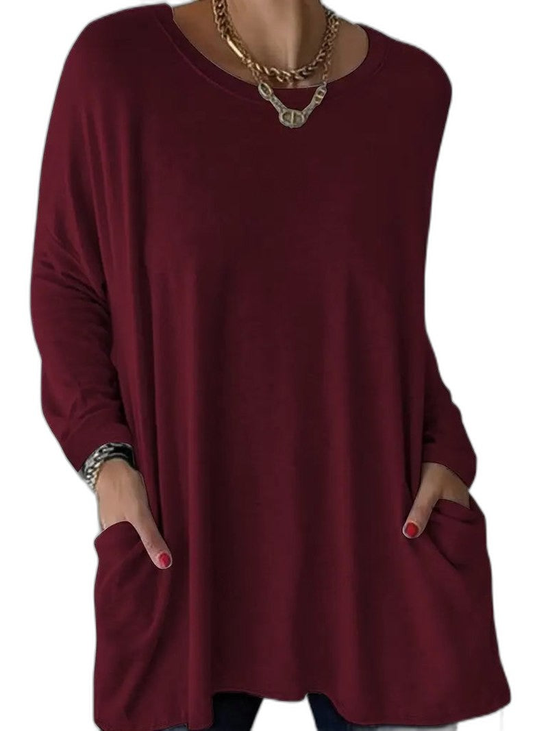 Effortless Black Tunic for Women with Crew Neck Long Sleeve Flowing Oversized Pockets Casual Style