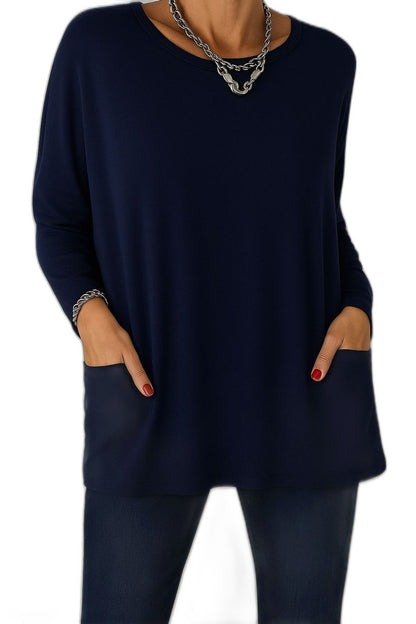Effortless Black Tunic for Women with Crew Neck Long Sleeve Flowing Oversized Pockets Casual Style