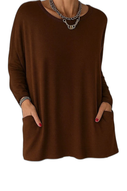 Effortless Black Tunic for Women with Crew Neck Long Sleeve Flowing Oversized Pockets Casual Style