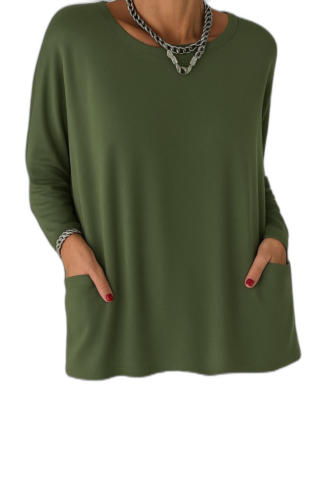 Effortless Black Tunic for Women with Crew Neck Long Sleeve Flowing Oversized Pockets Casual Style